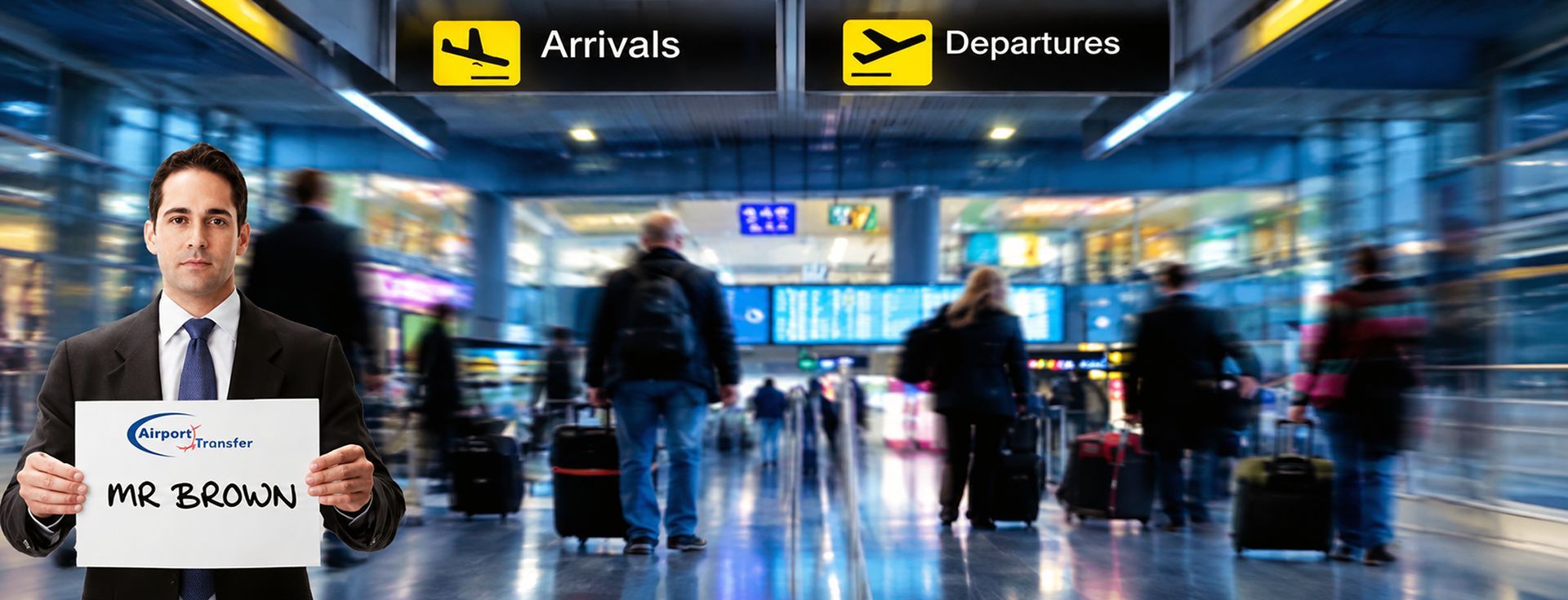 A chauffeur waiting at airport arrivals with a name board