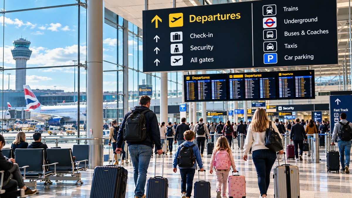 A family with children walking past a Departures sign showing train, Underground, bus and taxi options at a busy airport terminal