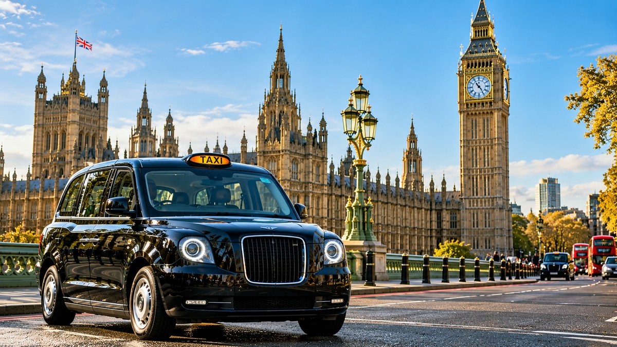 A London black cab crossing Westminster Bridge with the Houses of Parliament and Big Ben in the background
