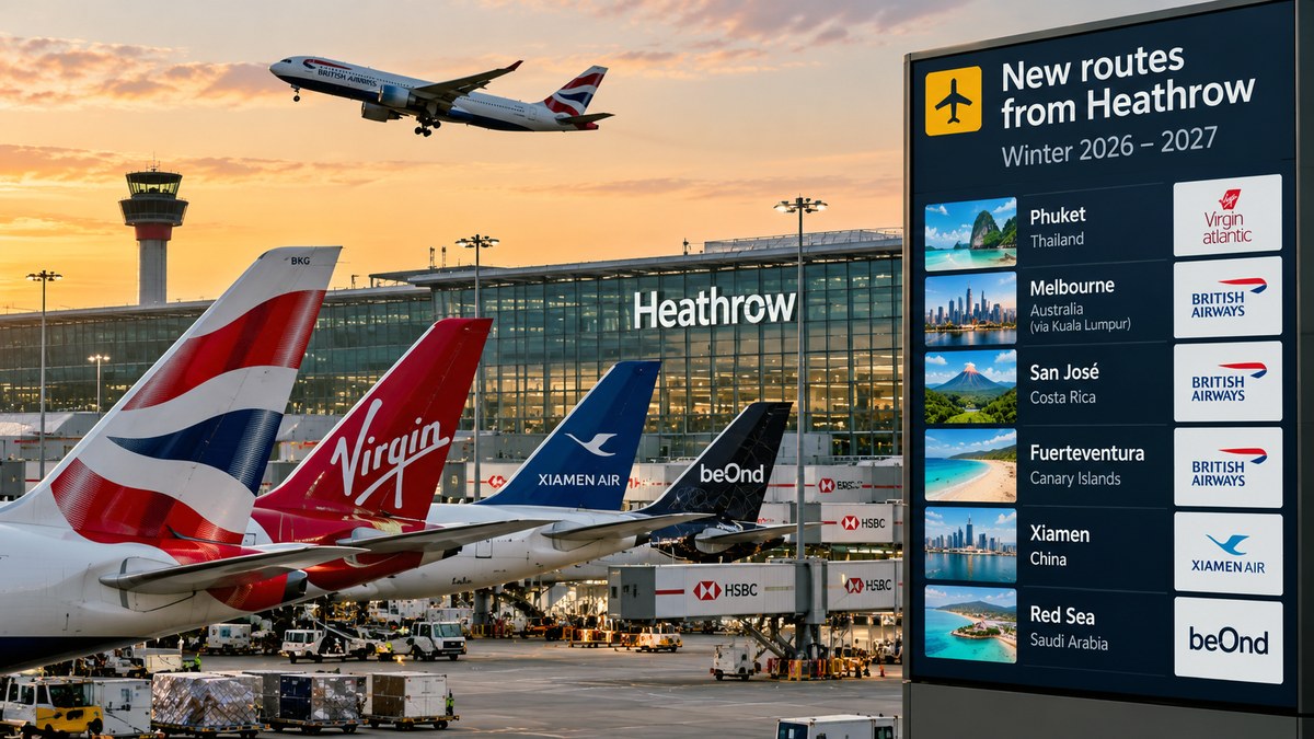 Tail fins of British Airways, Virgin Atlantic, Xiamen Air and beOnd aircraft lined up at Heathrow beside a board listing the airport’s new winter 2026-2027 routes