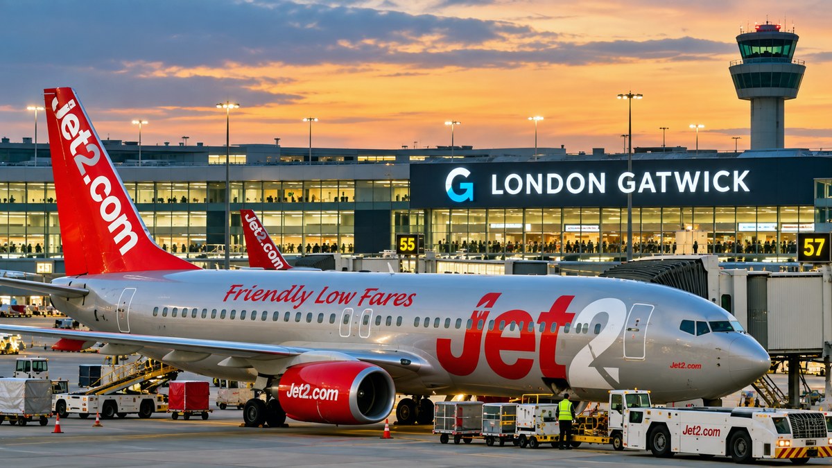 Jet2 Boeing 737 on the stand at London Gatwick at sunset, with the airport terminal and control tower in the background