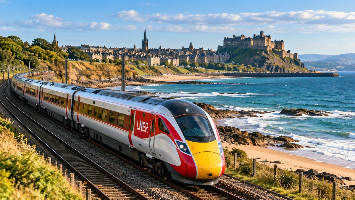 An LNER train on the East Coast Main Line running along the Northumberland coast with a castle and town visible in the background