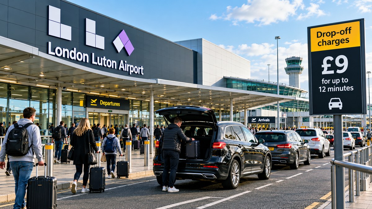 A passenger loading luggage into a car at London Luton Airport's drop-off zone, with a sign showing £9 drop-off charges for up to 12 minutes