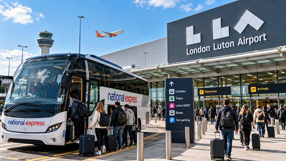 Passengers with suitcases boarding a National Express coach outside the London Luton Airport terminal, with an aircraft taking off overhead