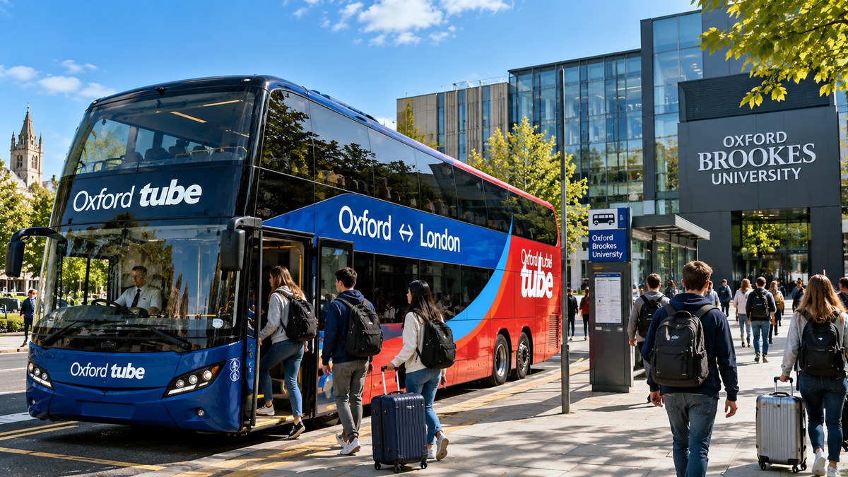 Students with suitcases boarding an Oxford Tube double-decker coach outside Oxford Brookes University