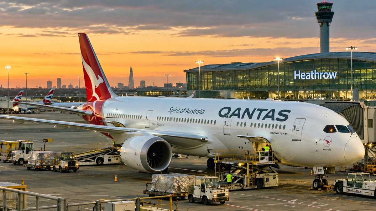 A Qantas Boeing 787-9 Dreamliner in Spirit of Australia livery parked at a London Heathrow gate at sunset, with the control tower and terminal building in the background