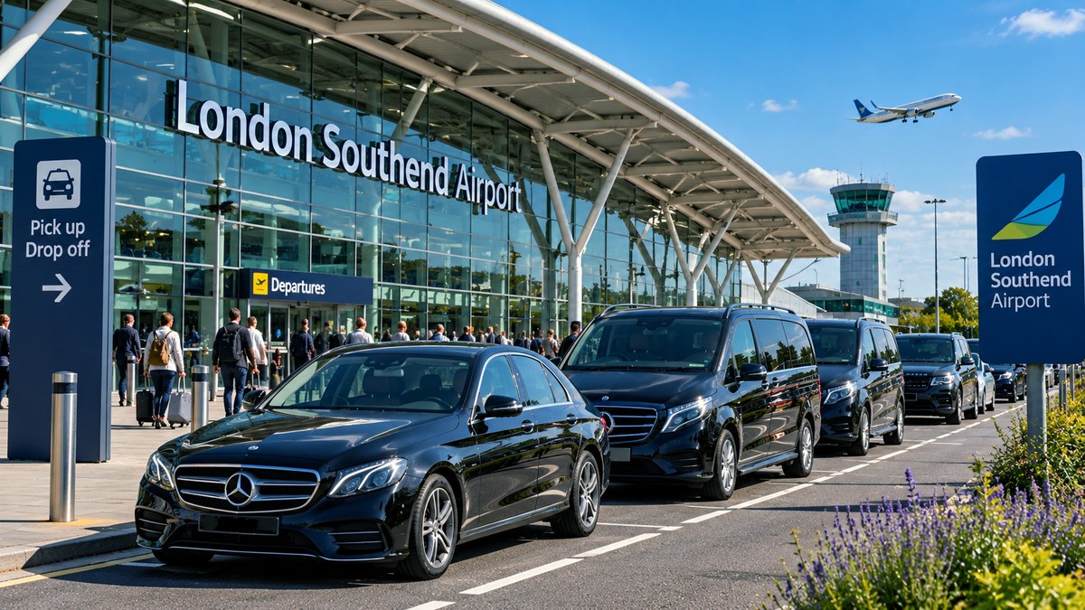 A line of private hire vehicles waiting at the pick-up and drop-off area outside London Southend Airport terminal