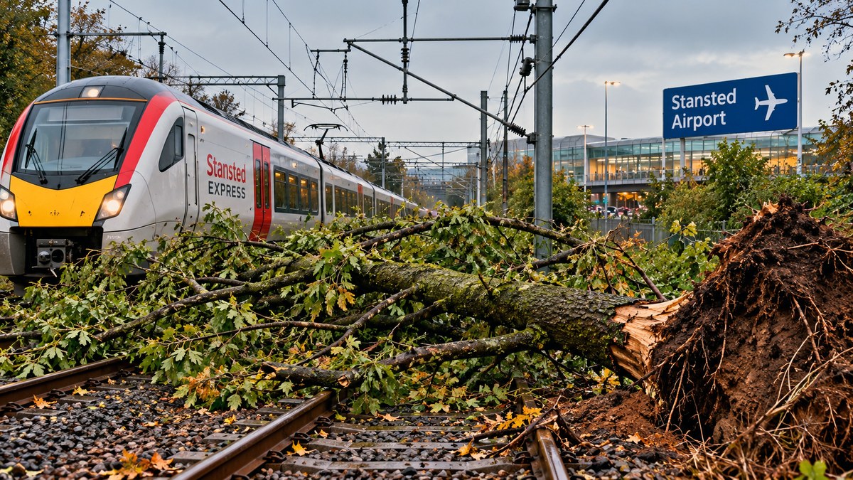 A Stansted Express train halted on the tracks behind a large fallen tree, with the Stansted Airport sign visible in the background