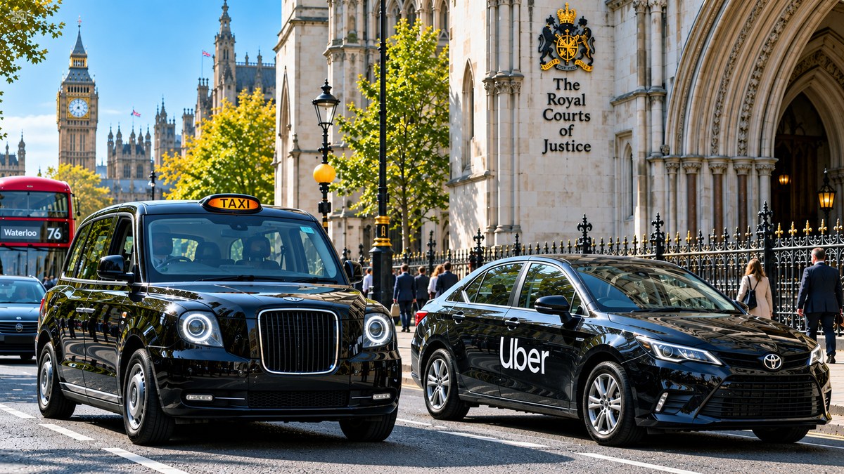A London black cab and an Uber vehicle parked side by side outside the Royal Courts of Justice, with Big Ben visible in the background
