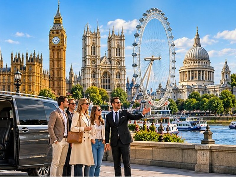 Sightseeing group beside a Mercedes-Benz V-Class on the South Bank, with Big Ben, Westminster Abbey, the London Eye and St Paul&rsquo;s Cathedral along the skyline