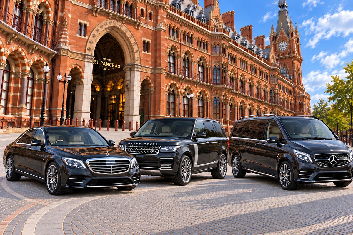 A Mercedes-Benz S-Class, Range Rover and Mercedes-Benz V-Class parked outside St Pancras International station in London